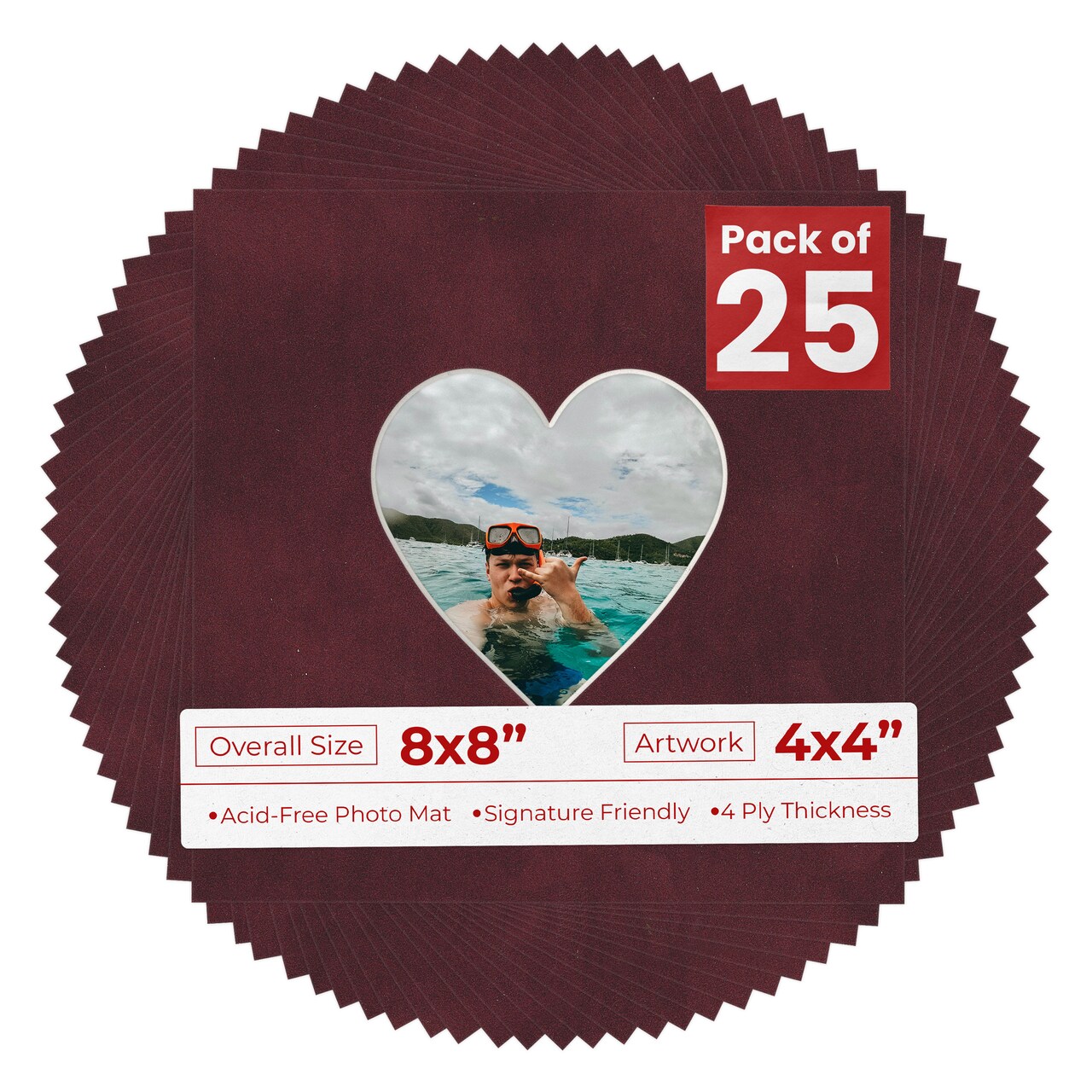 Dark Red Suede Mat Board for 8x8 Frames - Heart Opening for 4x4 Photos